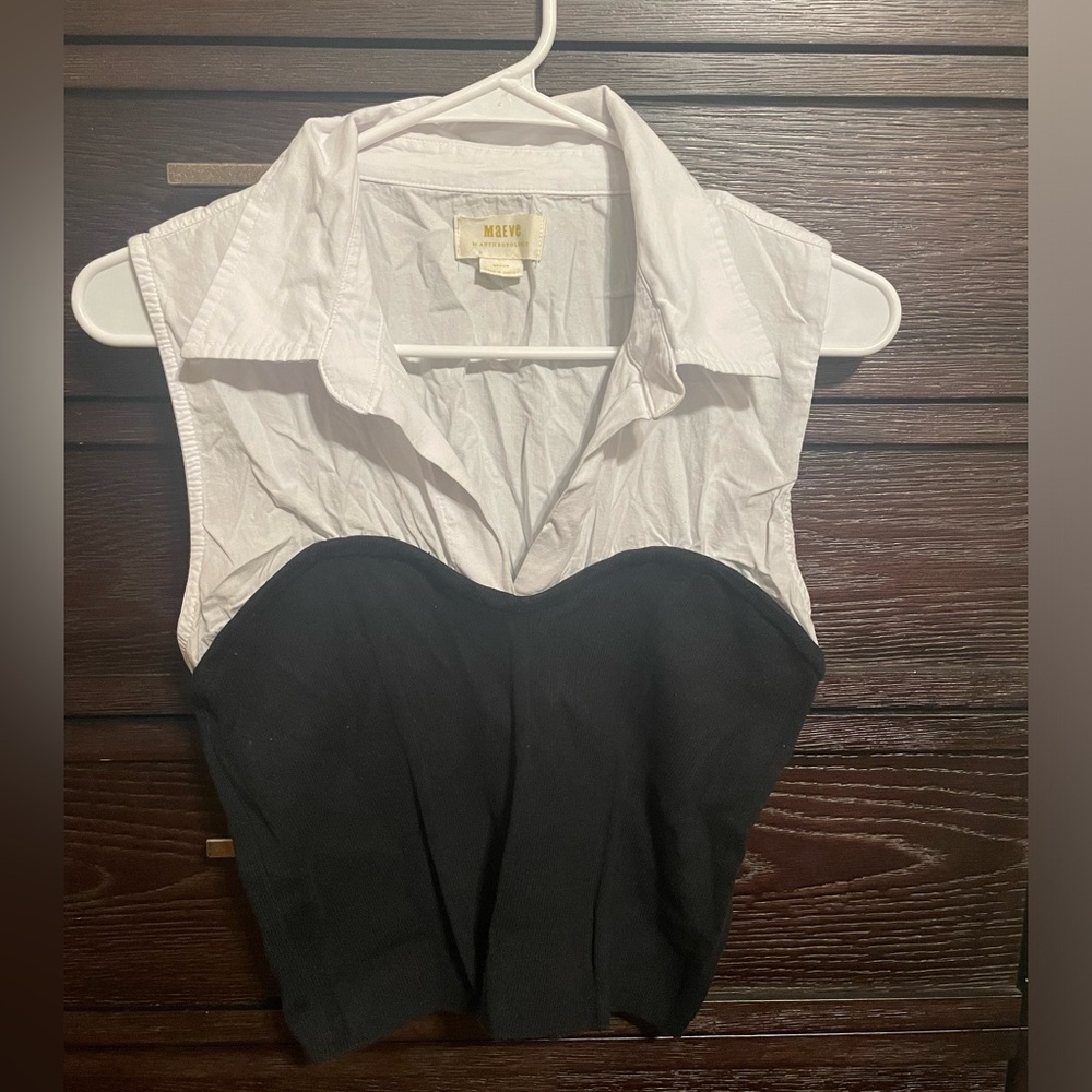 maeve. anthropology black & white sleeveless mixed media blouse. medium
